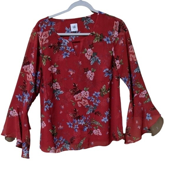 CAbi Devoted, floral V- neck bell sleeve blouse size S - Picture 1 of 7